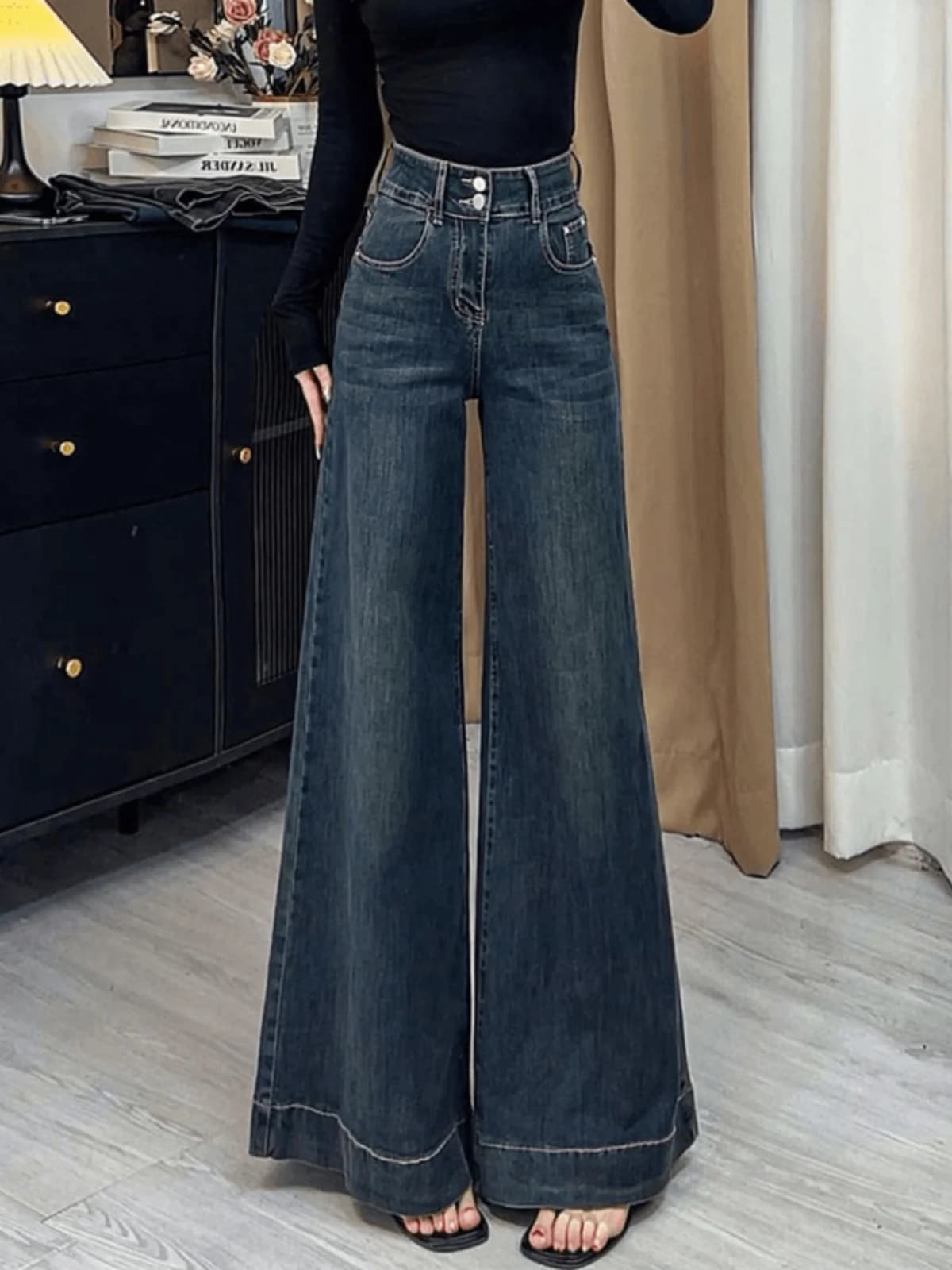 American Retro Wide Leg Denim Jeans Women's Small Size Loose Slimming Draping Narrow Version Large Cuff Floor-Length Pants