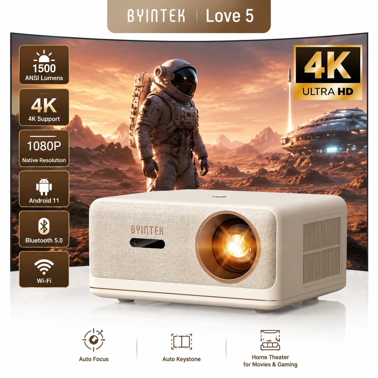 BYINTEK LOVE 5 Projector 4K 1080P 1500 ANSI Lumens Android 11 Bluetooth 5.0 Wi-Fi Auto Keystone Home Theater for Movies& Gaming