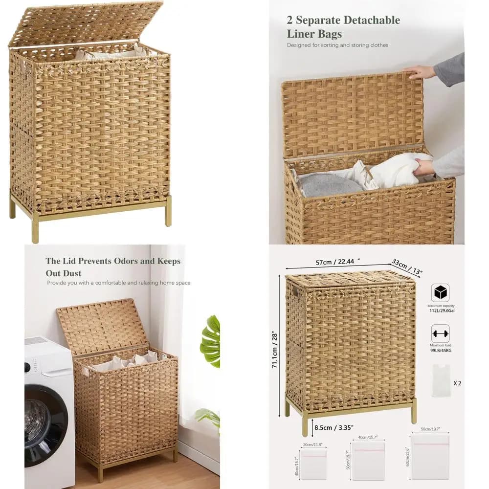 Cesto Portabiancheria in Rattan Intrecciato a Mano con Coperchio, 112L, 2 Fodere Rimovibili, 6 Sacchetti a Rete, Naturale