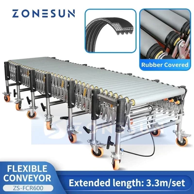 ZONESUN ZS-FCR600 Flexible conveyor with rubber-coated powered rollers and V straps for material handling