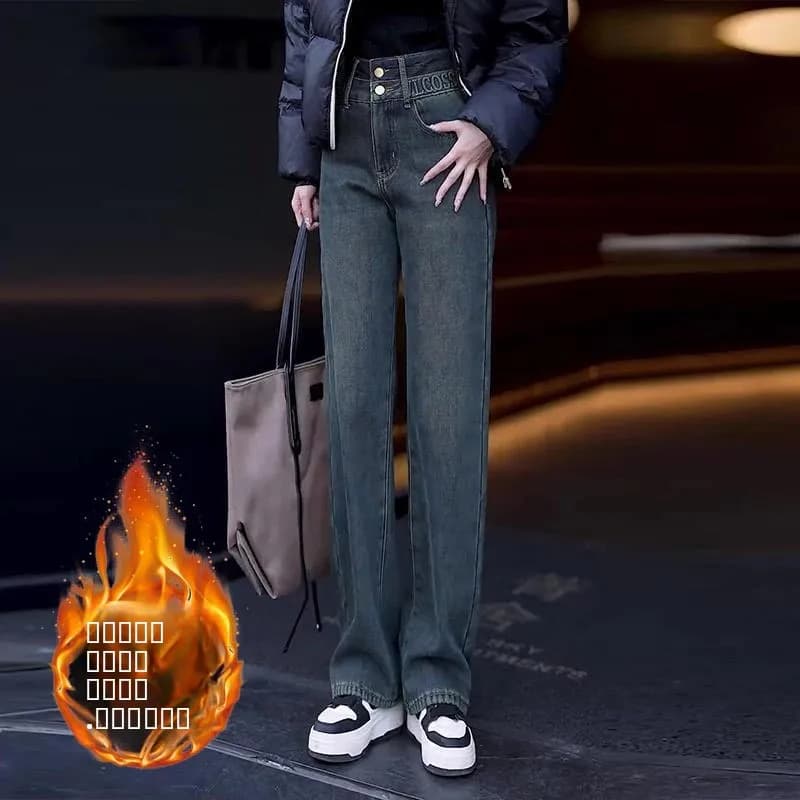Jeans in denim da donna a vita alta, a gamba larga, foderati in pile, ispessiti, taglio dritto, per autunno inverno, eleganti e snellenti