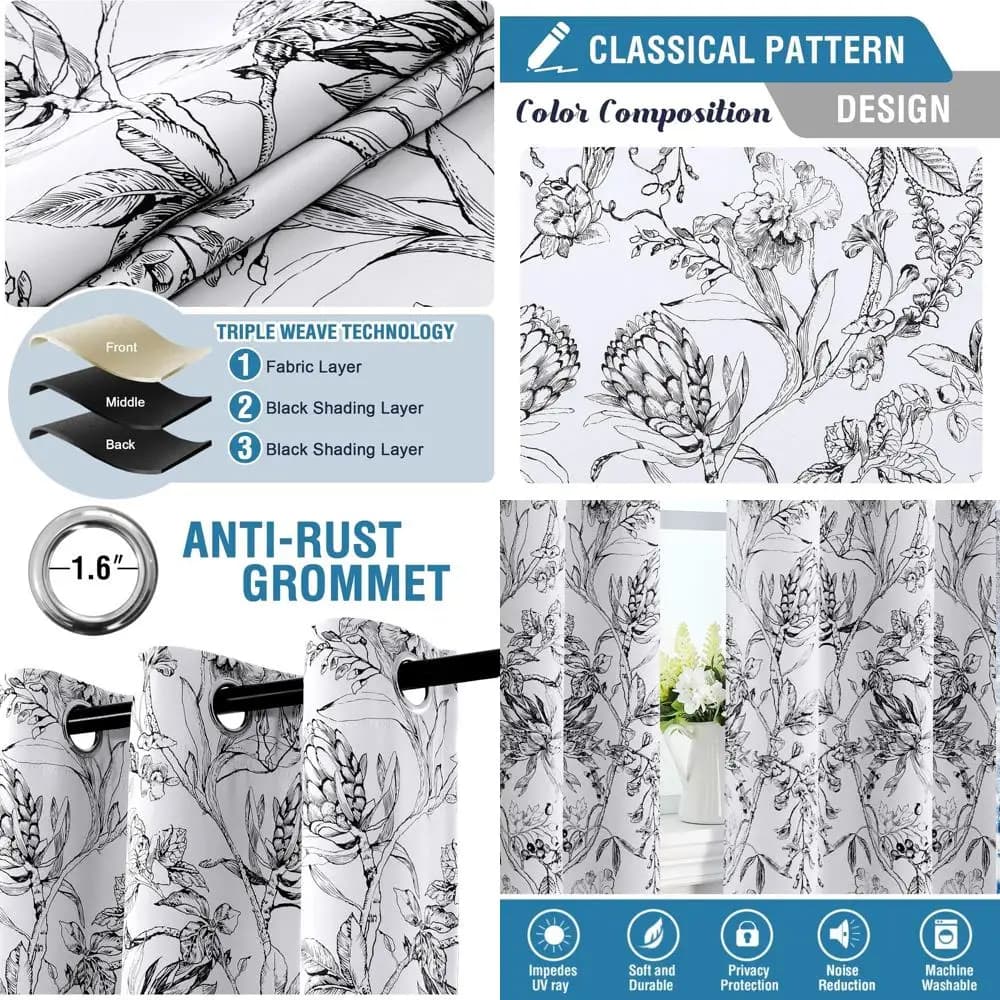 Camellia Floral 108 darkening curtains with eyelet, set of 2 panels, black lining, thermal insulation