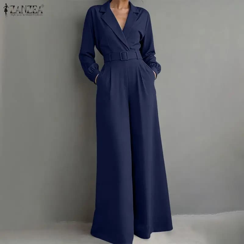 ZANZEA Women's Elegant Jumpsuits Lapel Neck Long Sleeve Belted Wide Leg Pant Overalls Summer Minimalist Office Work Playsuits