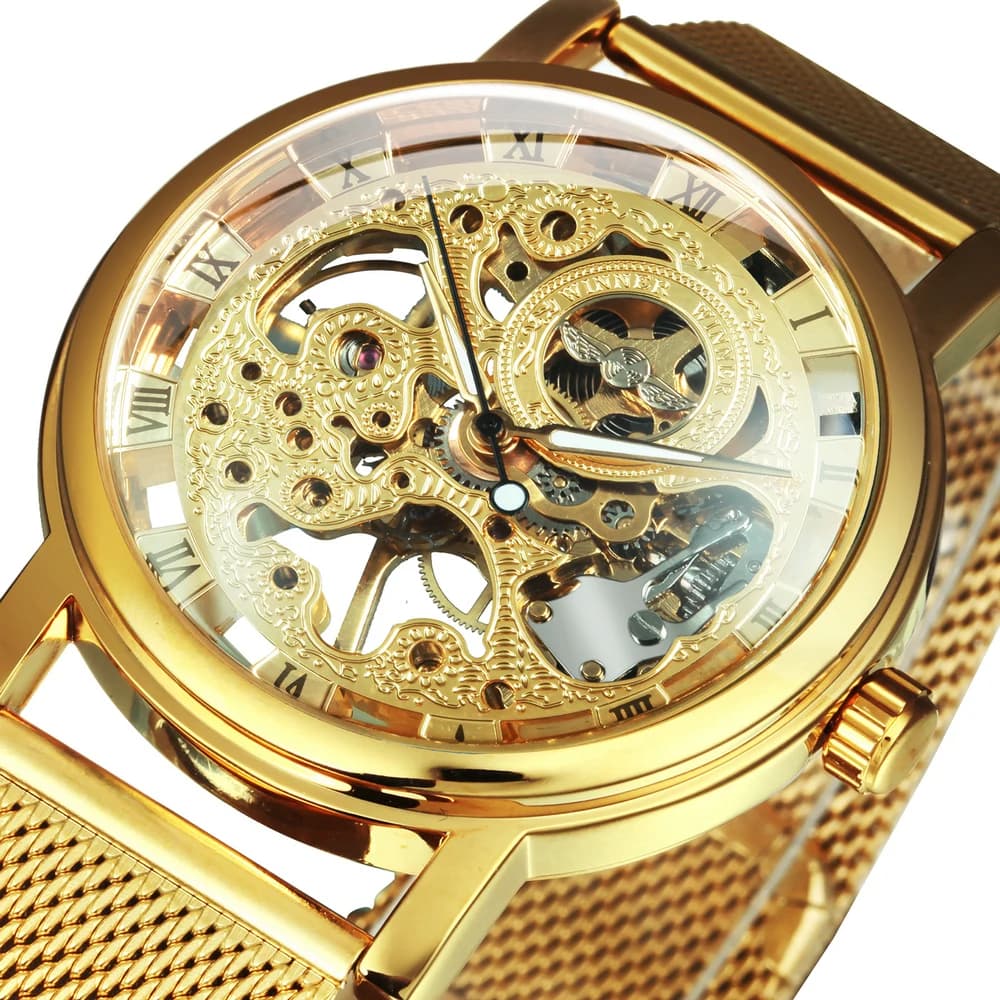Vincitore della moda Orologio da donna in acciaio con maglia dorata delle migliori marche Orologi da donna alla moda Orologio da polso meccanico femminile di lusso Masculino