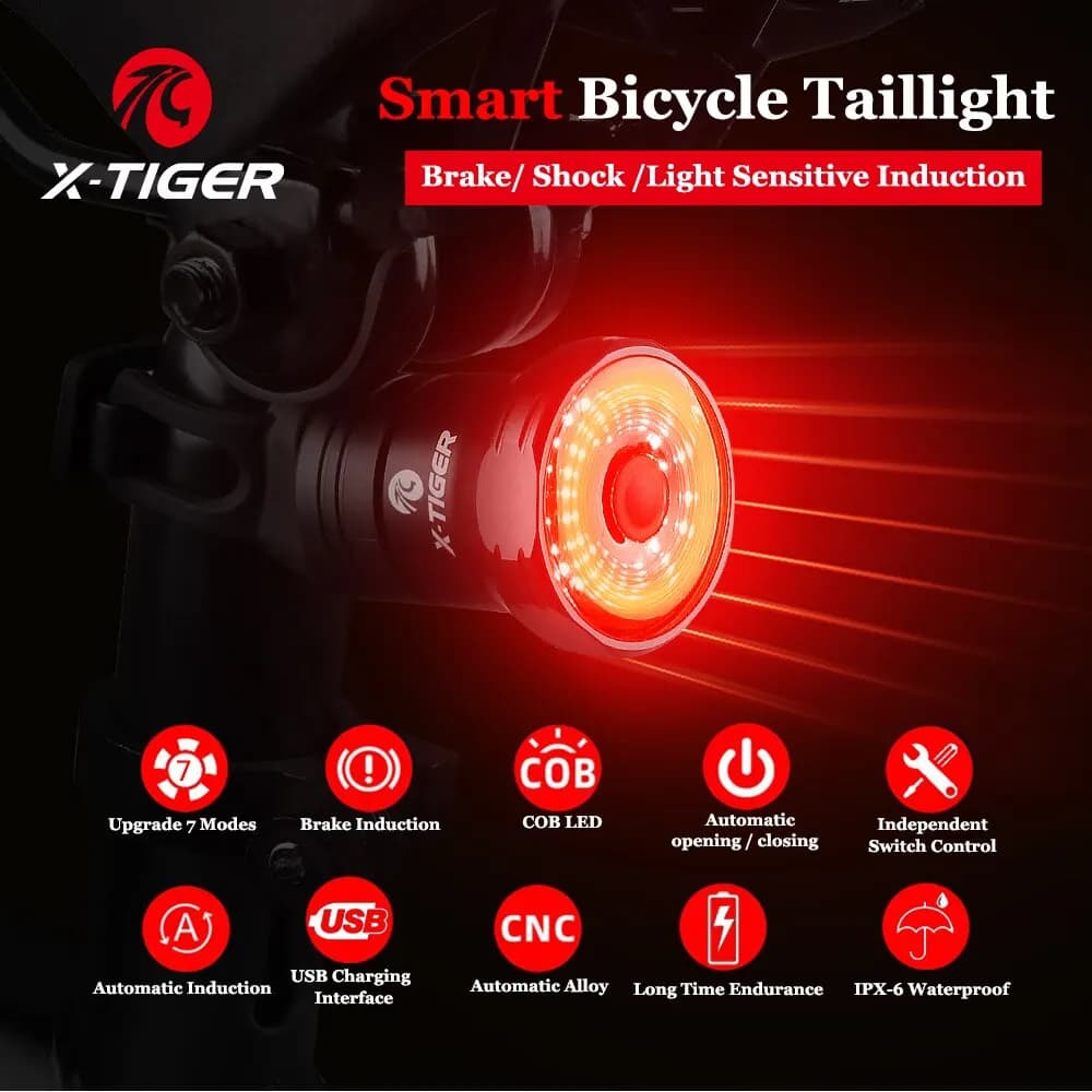 X-TIGER Rear Light Bike Brake Detection Light Intelligent Bicycle Back Light IPX6 Rear LED Rechargeable Light Waterproof Cycling Accessories