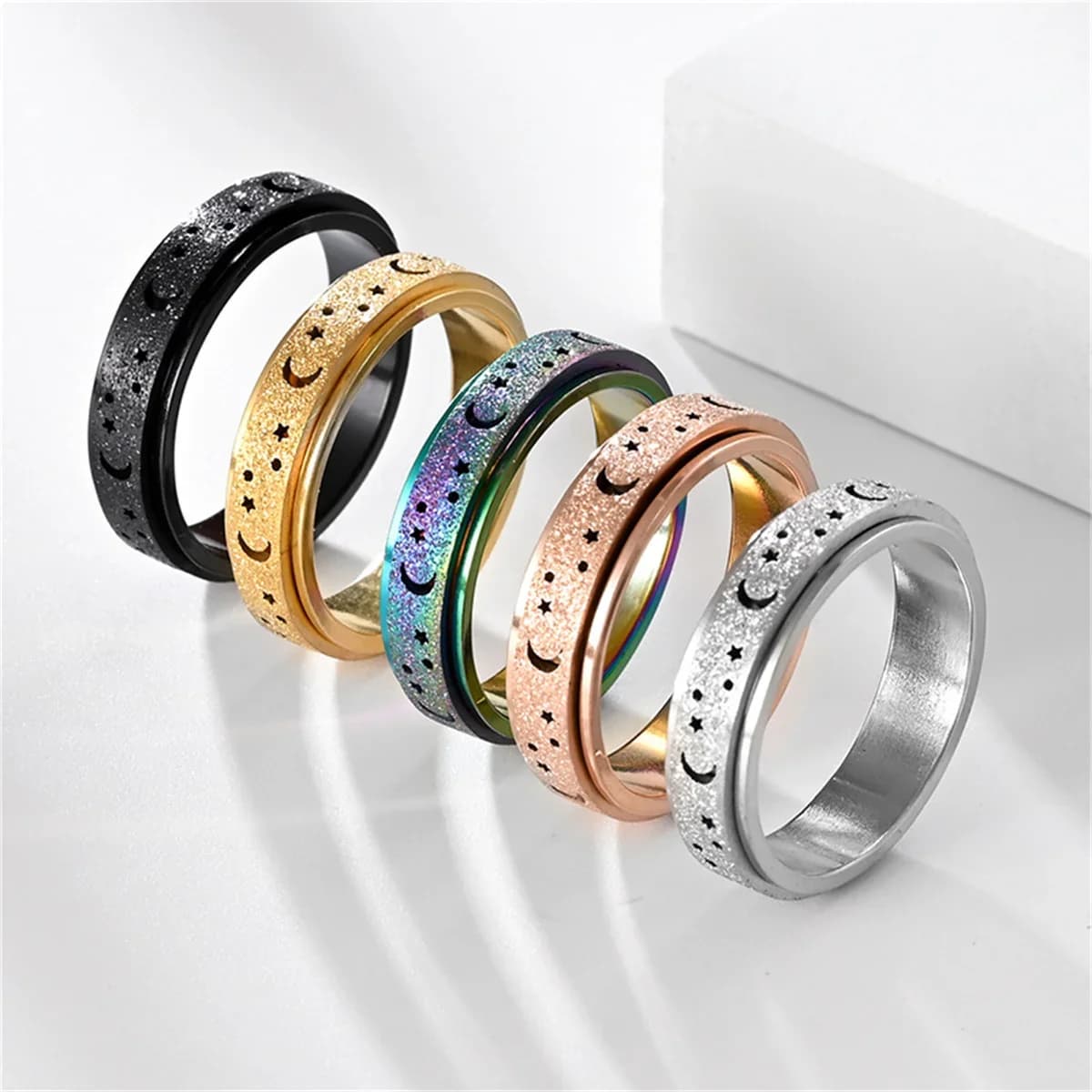 Anelli Fidget in Acciaio Inossidabile Satinato a Forma di Luna e Stella per Uomo, Anello Rotante Antistress e Antiansia, Spinner in Metallo