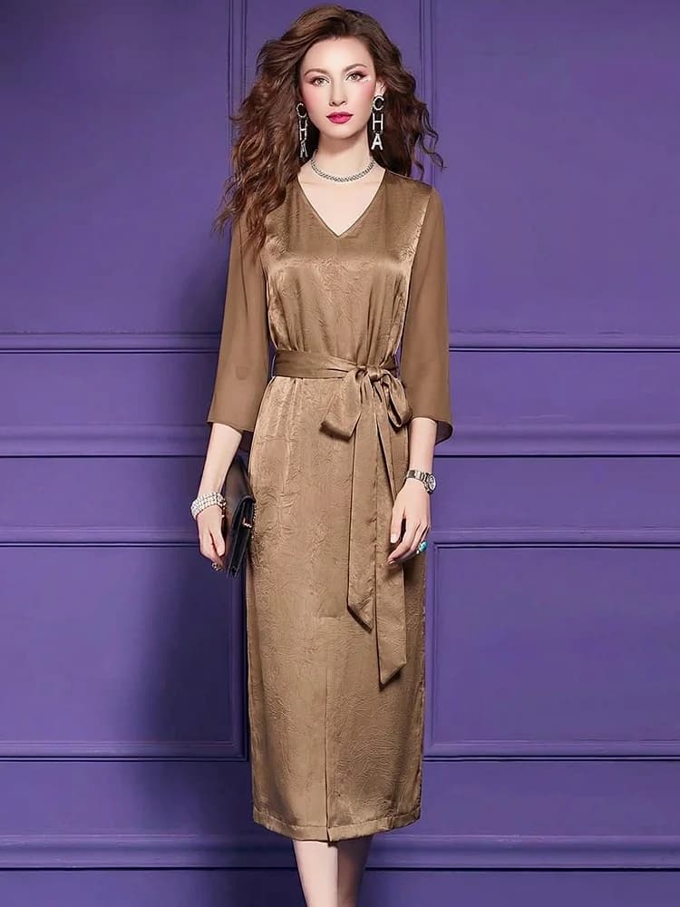 Elegant V-neck Midi Dress Women's Summer Slimming Belted Gown Polyester Fiber High Waist Straight Cut City Commute Dress
