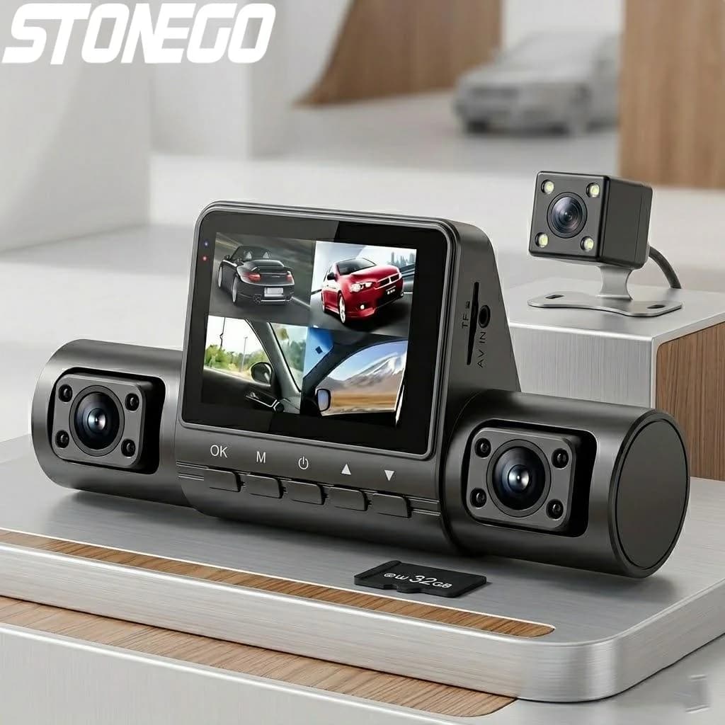 Dash Cam 1080P Full HD a 4 Lenti, Registratore DVR per Auto ad Angolo Ampio, Registrazione in Loop, Controllo a Pulsante, Schermo IPS per la Sicurezza del Veicolo