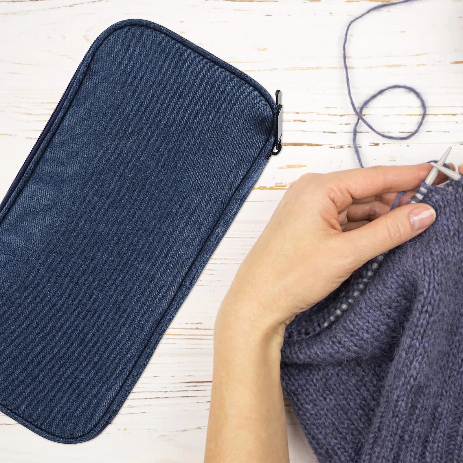 Borsa Porta Ferri da Maglia e Uncinetto con Chiusura a Cerniera, Blu Scuro, in Tessuto Oxford 600D, Organizer Compatto per Lavori a Maglia