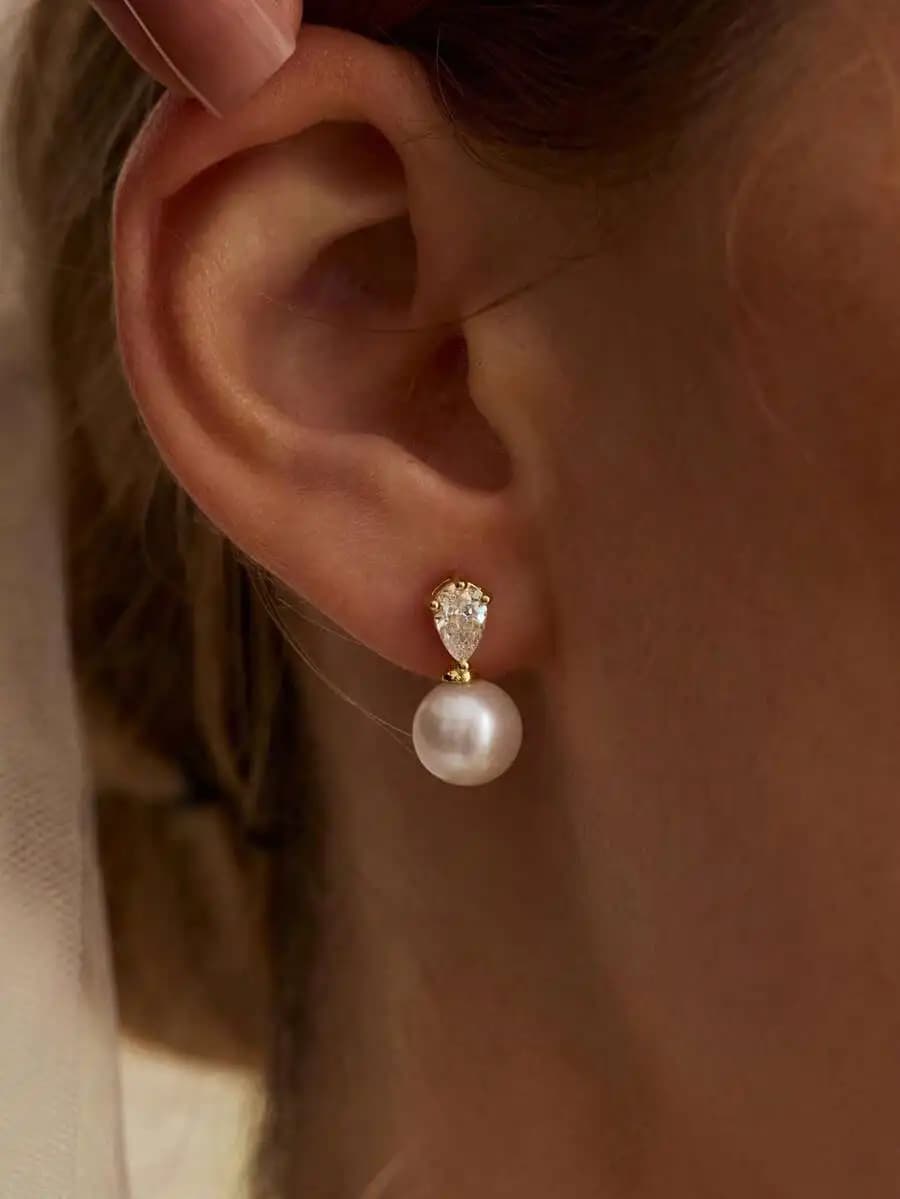 Orecchini da sposa con perle e zirconi placcati oro 14k, orecchini placcati oro ipoallergenici, eleganti gioielli da sposa con perle per donna