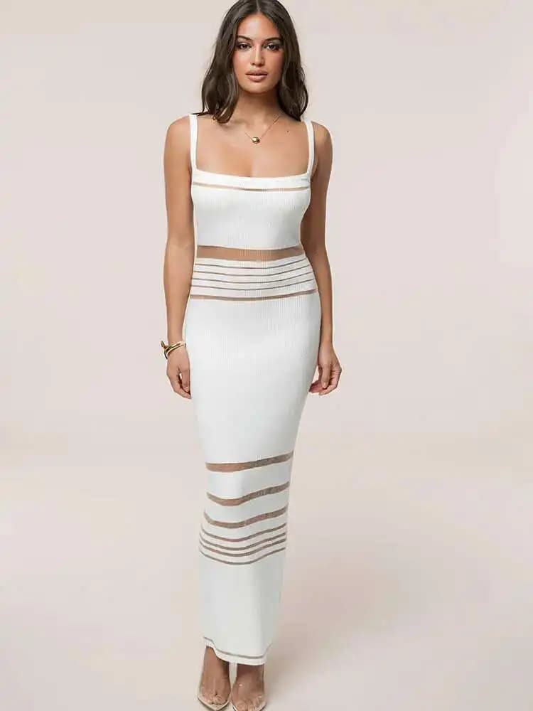 Abito Lungo da Donna Fantoye in Maglia Traforata, Bianco con Spalline Sottili, Vestito Elegante Estivo per Feste Serali