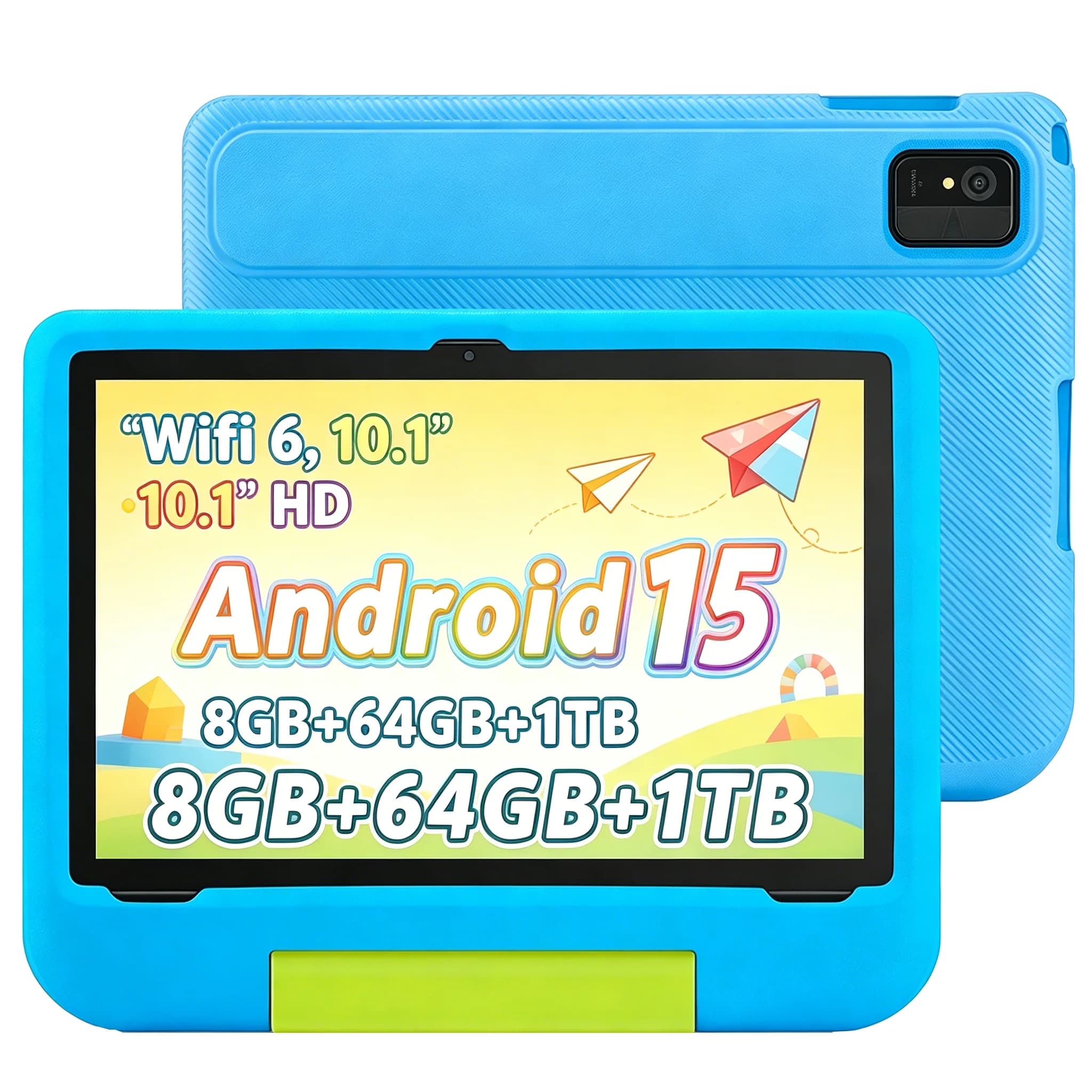 Tablet per Bambini Paitanry 10.1" Schermo HD IPS Android 15 8+64GB Octa-core WiFi 6 5000mAh con Cover Antiurto e Supporto Regolabile