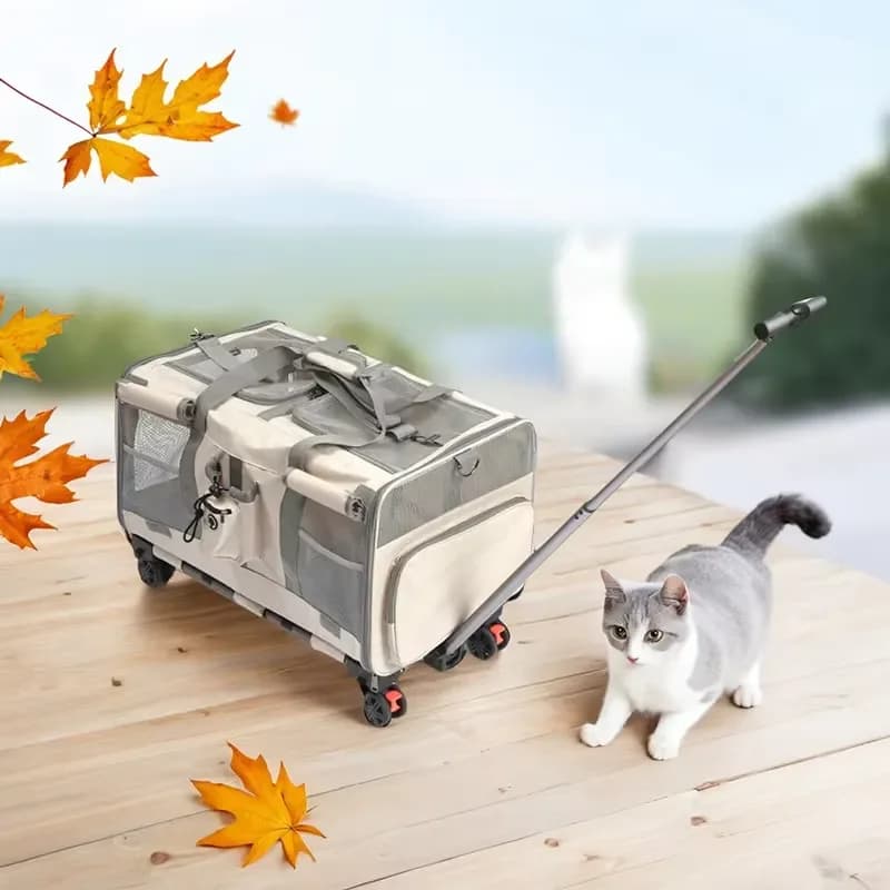 Foldable Pet Carrier Trolley with Two Compartments Large Capacity Portable Dog Cat Travel Bag for Outdoor Use Removable
