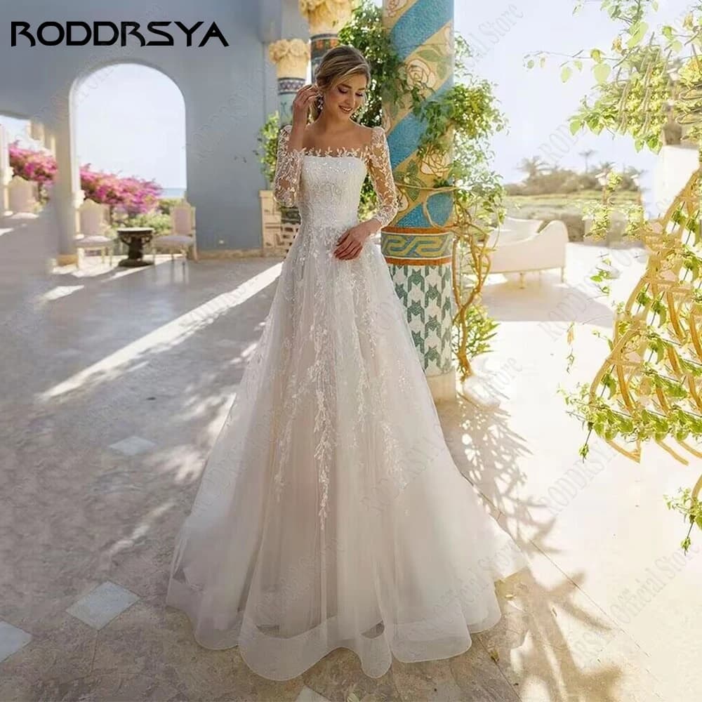 RODDRSYA abiti da sposa in Tulle squisito maniche lunghe scollo tondo abiti da sposa Illusion Back a-line Applique vestidos de noviaRODRSYA Squisite Tulle Abiti da sposa Maniche Lunghe Scoop Neck Abiti da sposa Illusio