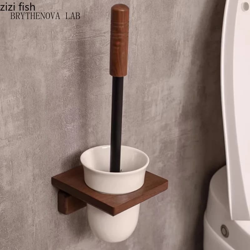 Bathroom Wood Toilet Brushes Ceramic Base Toilet Brush Holders Wall-mounted No-punch Wall-mounted Cleaning Set