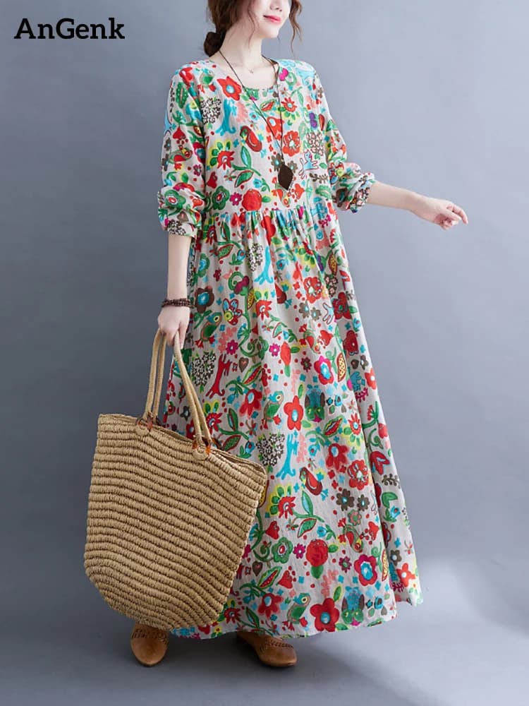 Abiti autunnali primaverili a maniche lunghe con stampa floreale vintage in cotone per donna 2025 Abito elegante allentato casual Abito da spiaggia Longue Femme