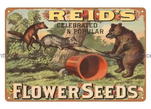 REID'S CELEBRATED POPULAR FLOWER SEEDS foxes bear tin sign garage wall art