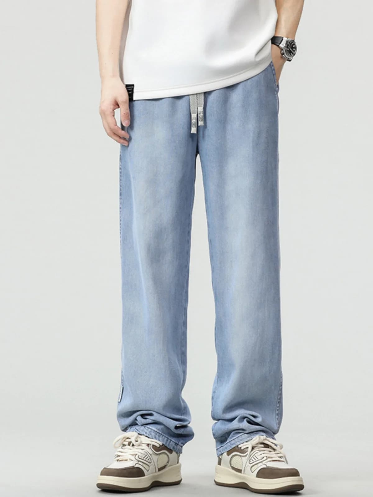 High-End Lyocell Denim Jeans Men's Summer Thin Loose Straight Ice Silk Breathable Casual Long Trousers Trendy