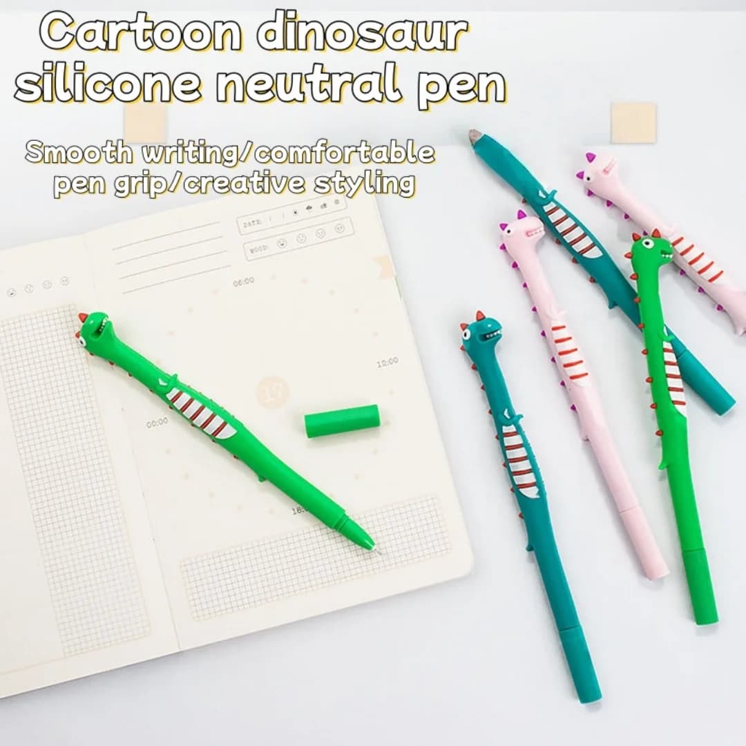 Penna Gel a Forma di Dinosauro Cartoonesco, Inchiostro Nero 0.5mm, Penna Kawaii in Gomma Morbida, Regalo per Studenti e Ufficio