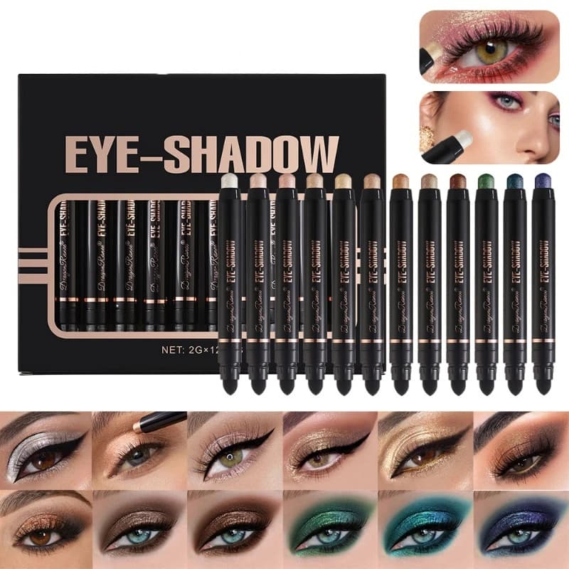 12-color Double Tip Eyeshadow Pen Set Metallic High Gloss Smudger Brighten Eye Makeup Pencil Shining Brown Eye Shadow Cosmetics