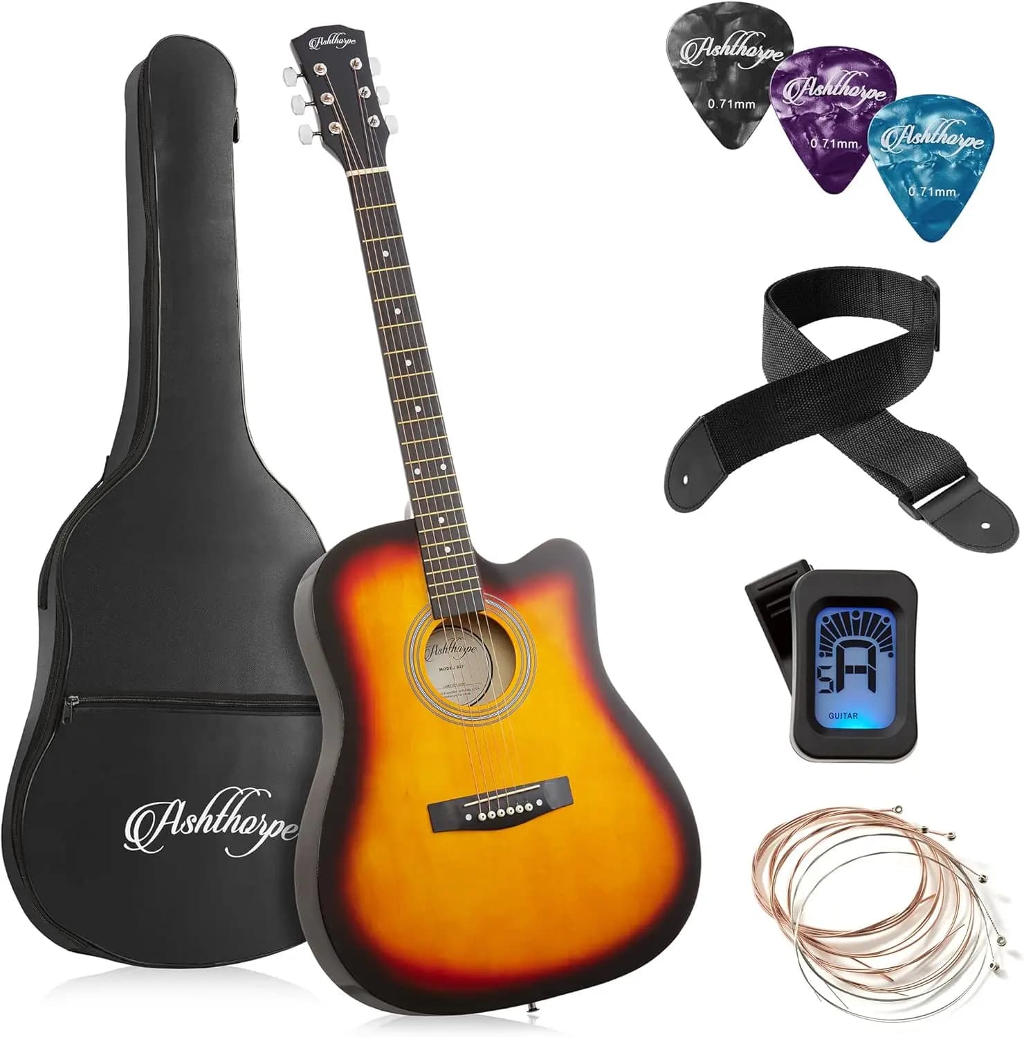 Kit Chitarra Acustica Cutaway per Principianti da 41 Pollici con Borsa, Corde, Tracolla, Accordatore, Plettri in Finitura Sunburst