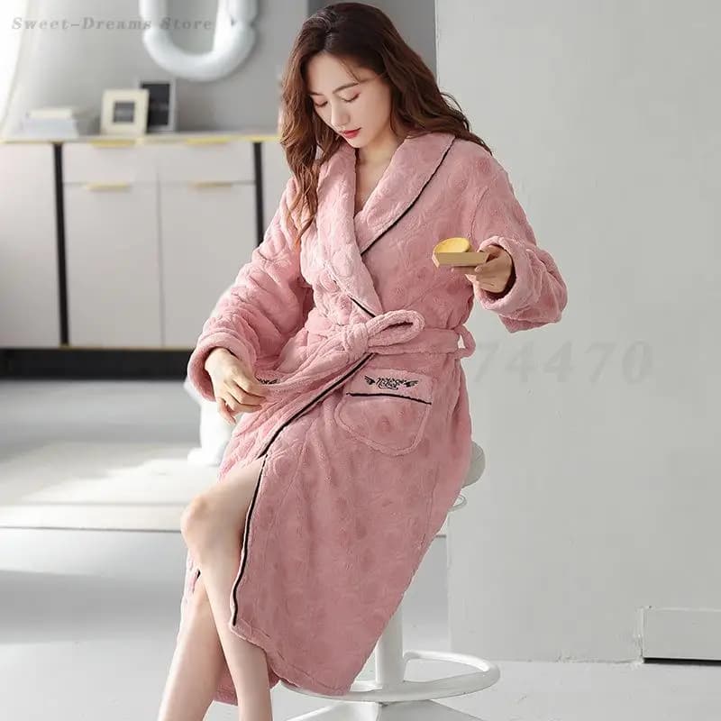 Flanella invernale Addensare Veste Donna Manica lunga Accappatoio Kimono Abito da notte con tasca Plus Size 4XL Abbigliamento per la casa Pigiama