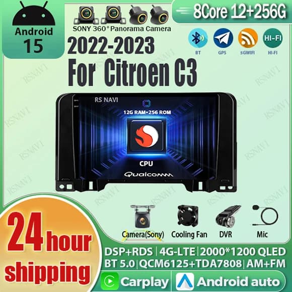 Android 15 Carplay Auto Qualcomm 2K QLED Schermo Lettore di Autoradio Per Citroen C3 2022 2023 GPS DSP Multimedia di Navigazione Wifi BT
