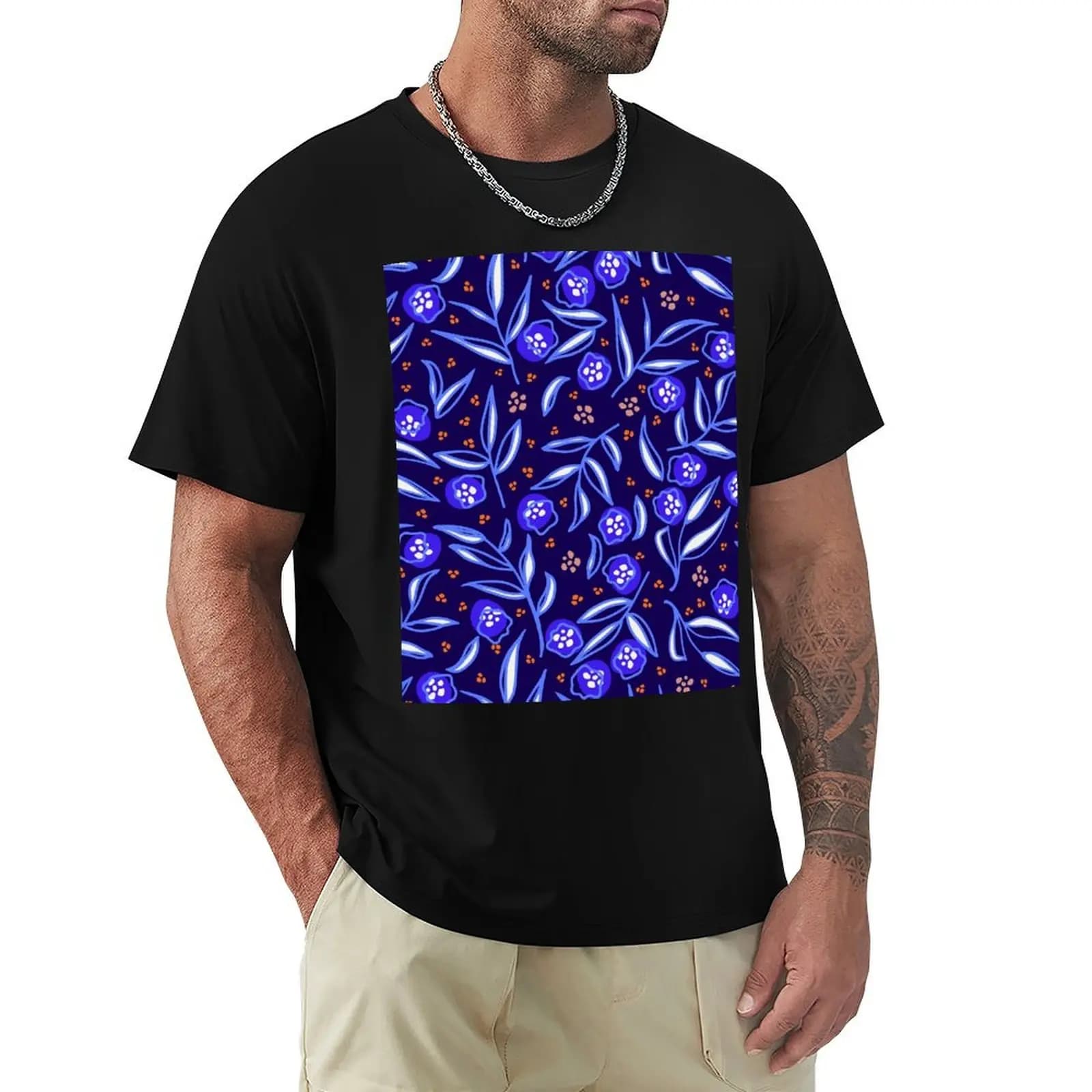 Branches Leaves Seeds and abstract little flowers in bright blue tones T-Shirt Sun Protective Outdoor Tee Top