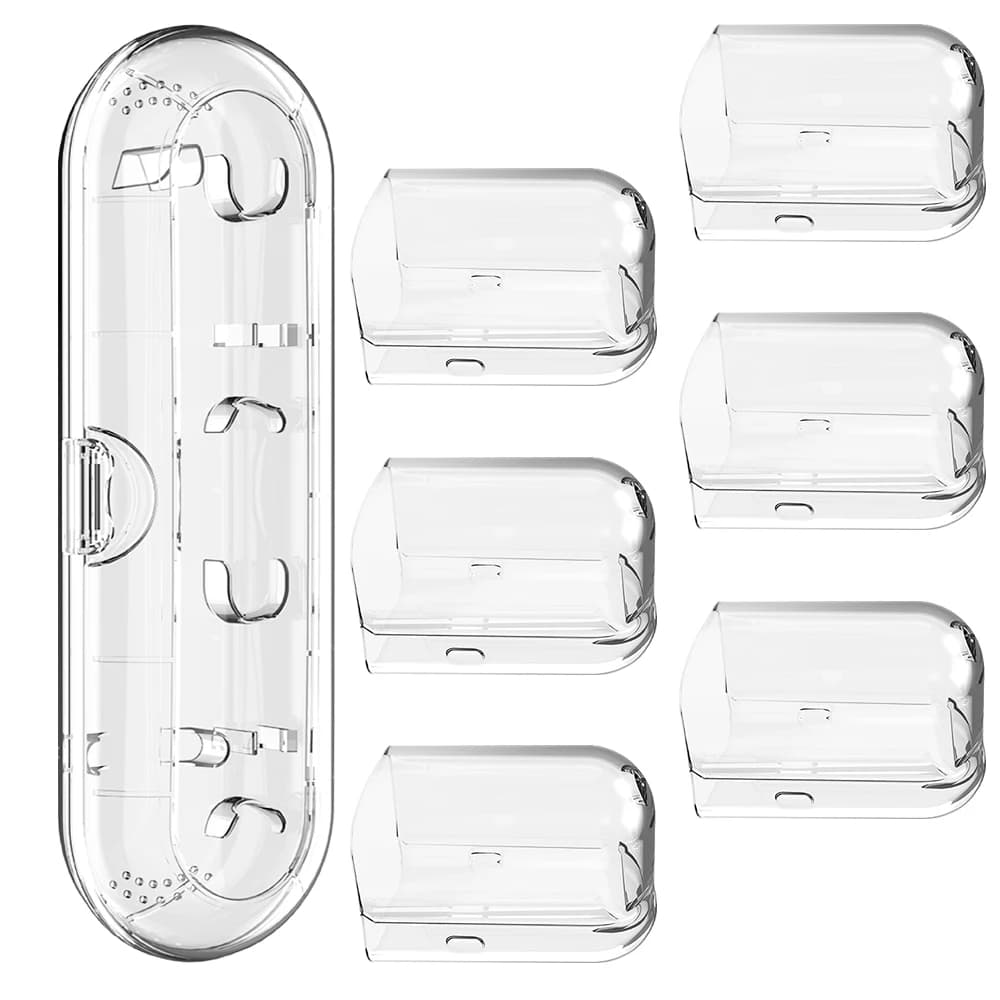 Transparent travel case for toothbrush and 6 dust protection covers for heads, compatible with Philips Sonicare electric brushes