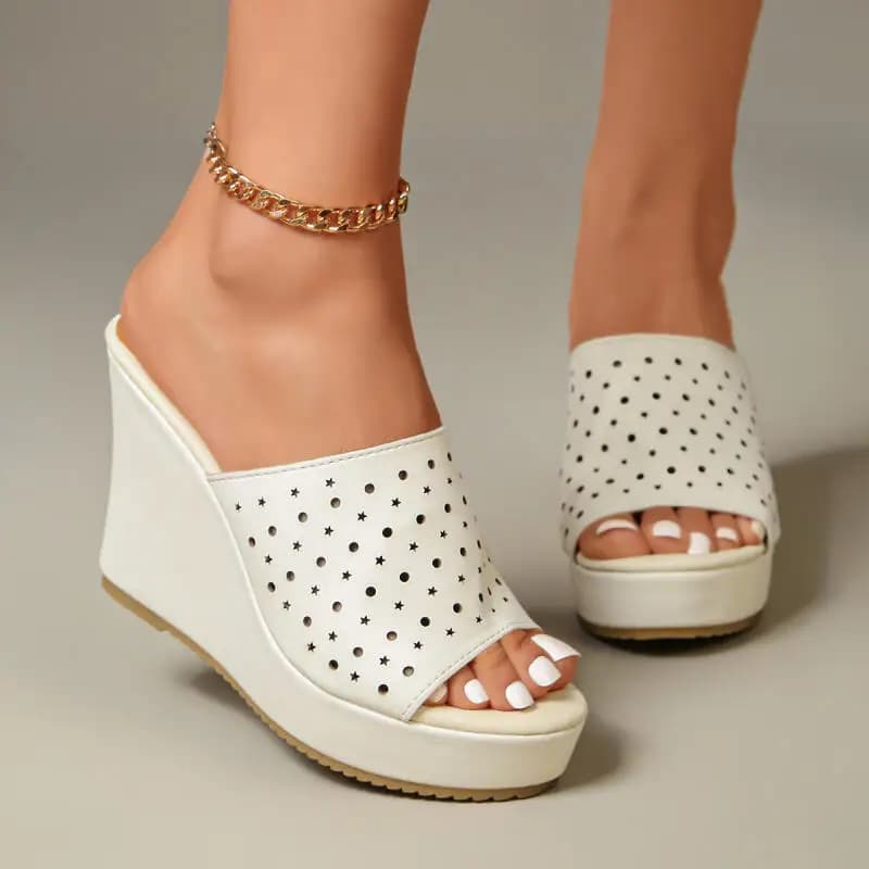 Breathable Hollow Out Designer Wedge Heel Sandals Women Summer 2026 Comfort Platform Classic Solid Sandals Thick Bottom Slippers