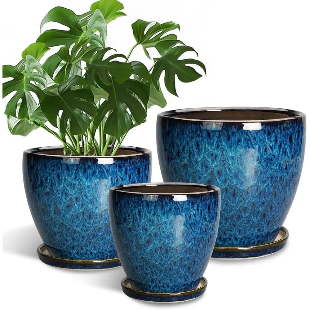 Set di 3 vasi rotondi per piante con drenaggio, da 10, 8 e 6 pollici, adatti per piante da interno ed esterno, blu