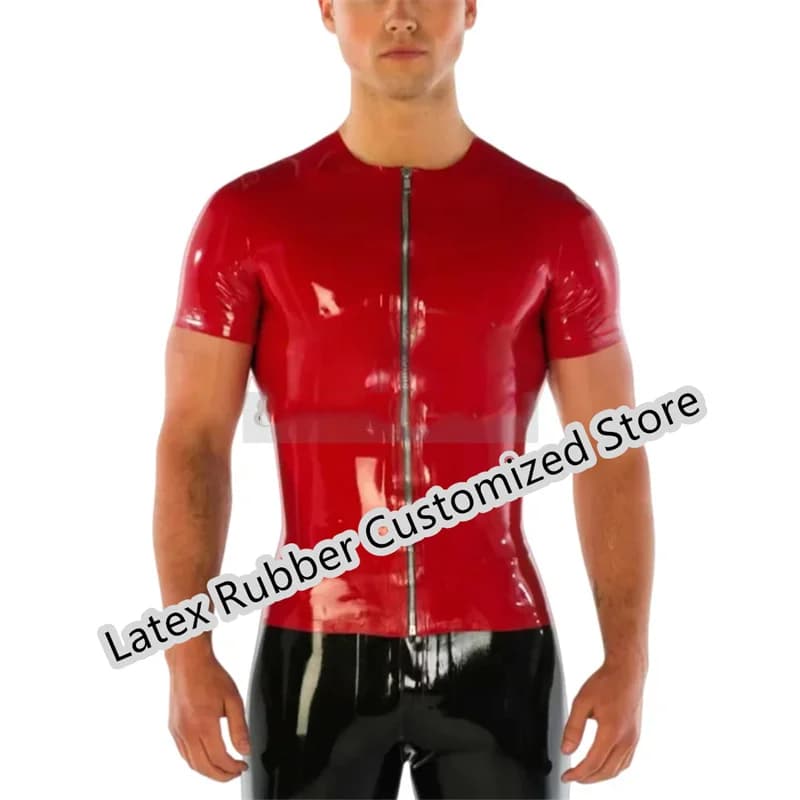 T-shirt classica da uomo in lattice fatta a mano, a maniche corte, con cerniera frontale, per feste di Halloween