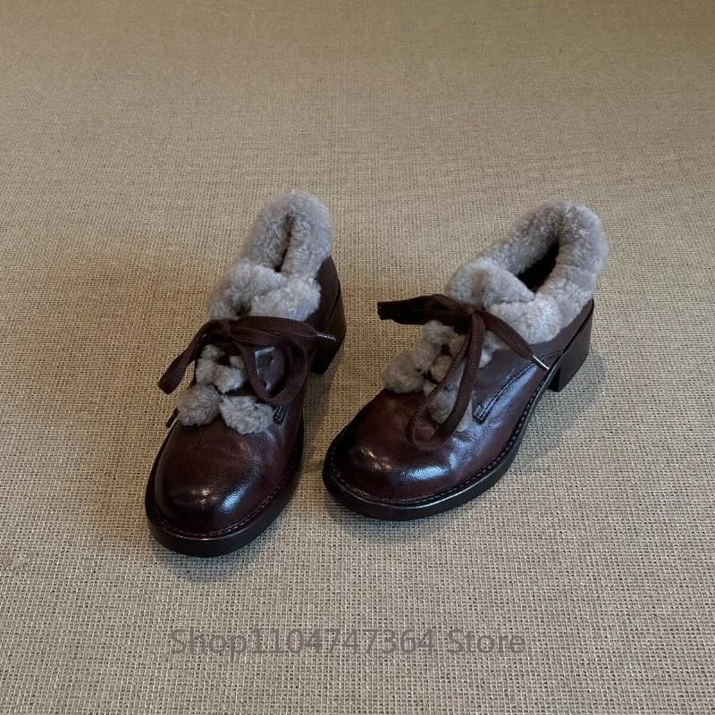 British Sheepskin Lace Up Cotton Shoes Women Winter Loafers Genuine Leather Round Toe Casual Warm Plush Leather Shoes Female