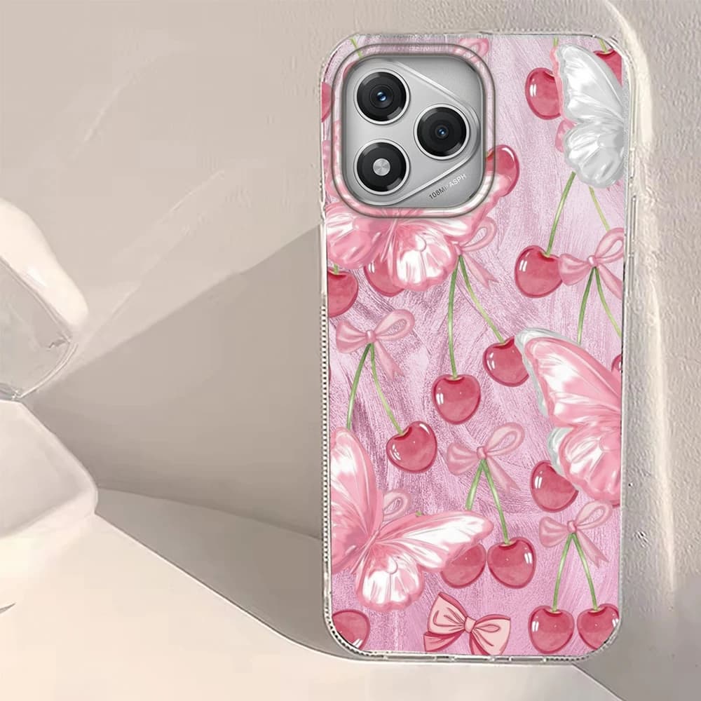 Pink Fruit Cherry Butterfly Feather Texture Phone Case for Honor 400 200 Smart Pro Magic7 6 5 Lite X9a X9c X8b X8a X8c X7c Cover
