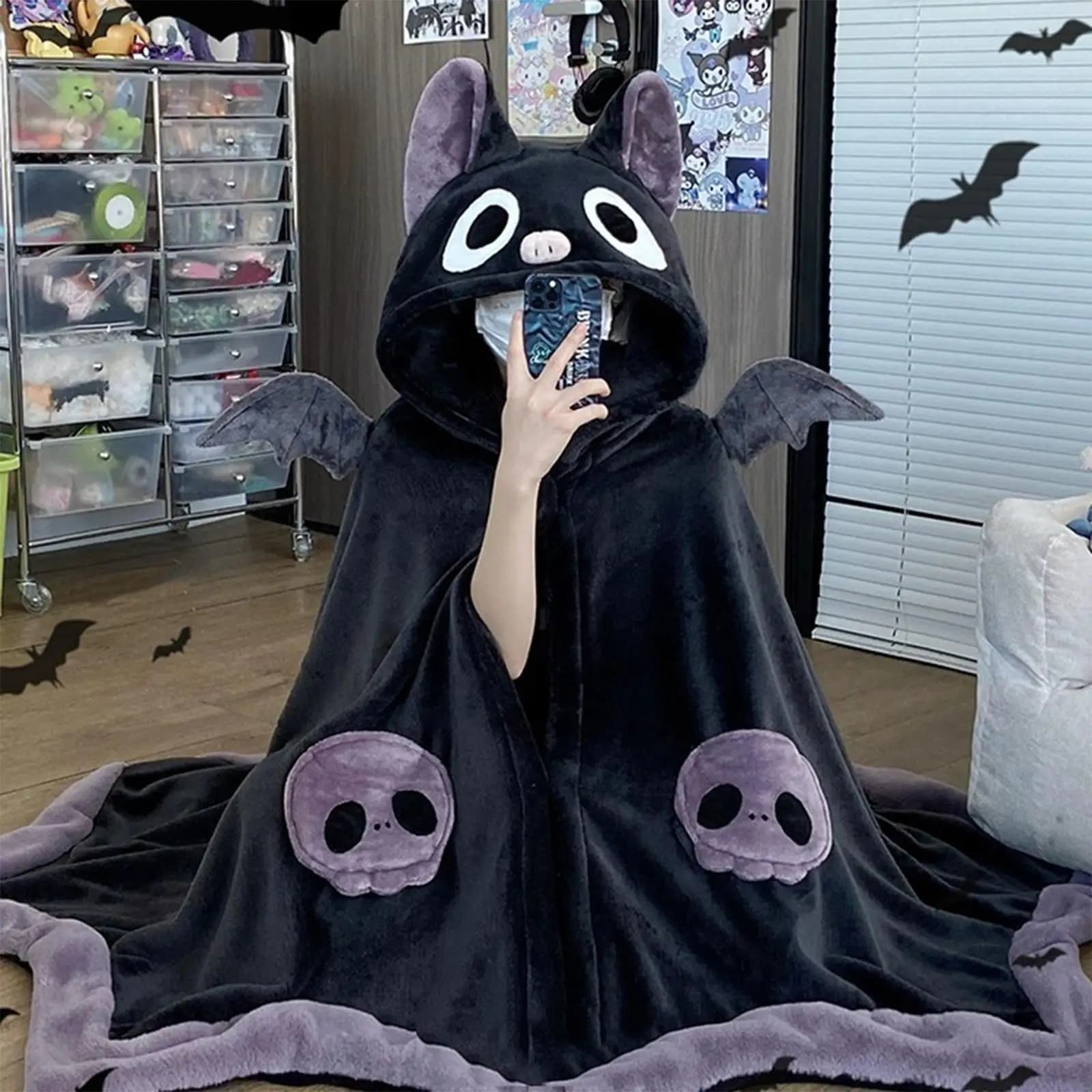 1pc Kawaii Cartoon Winter Bat Blanket Plush Pajamas Anime Cloak Costume Halloween Cloak for Adults Ponchos Women Hooded Cape