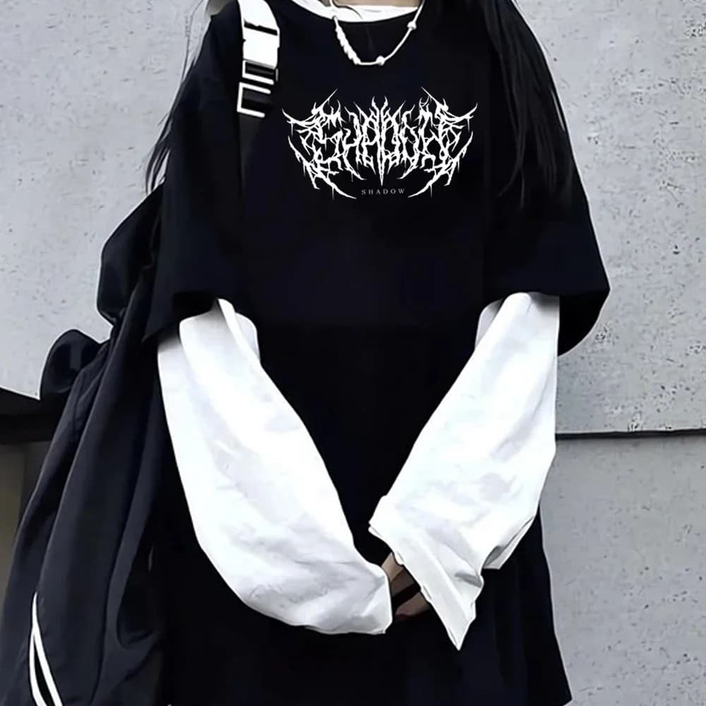 T-shirt girocollo stampata stile punk scuro moda Y2K Sport Harajuku T-shirt a maniche lunghe da donna sottile T-shirt allentata da esterno