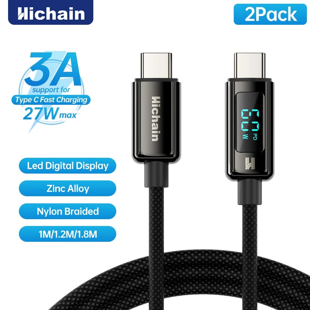 Cavo di ricarica rapida USB C Hichain 2pack 3A PD60W con display digitale a LED per tablet iPhone15/16 ForHuawei ForXiaomi ForSamsung
