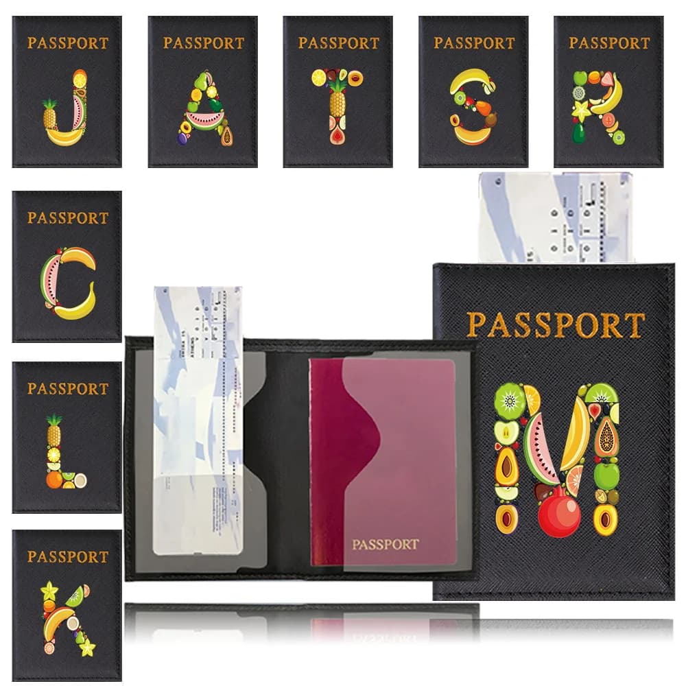 Porta Passaporto in Pelle PU, Porta Carte Nero, Accessori da Viaggio Leggeri, Serie con Motivo Frutta