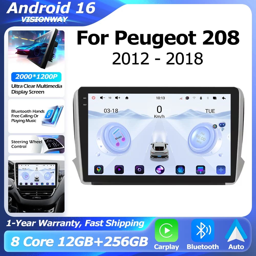 Android 16 2000*1200P for Peugeot 208 2008 Series 2012-2018 CarPlay Wireless GPS Navigation Bluetooth Multimedia Auto Reader