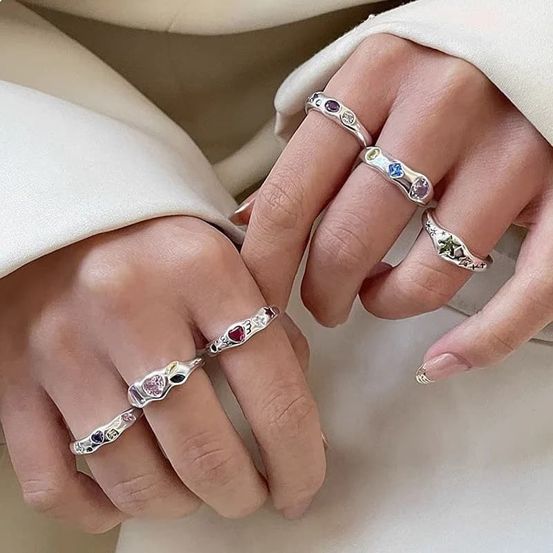 Korean Colored Zircon Love Open Finger Ring Women Simple Versatile Light Luxury High-End