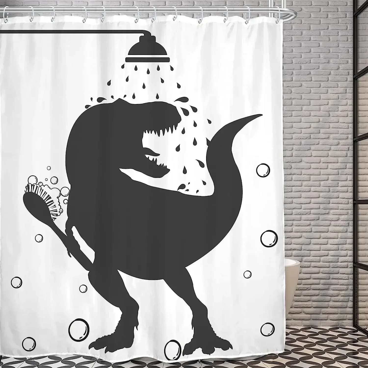 Divertenti tende da doccia con dinosauro per bambini Set di decorazioni per il bagno per bambini in tessuto con silhouette di animali da bagno in bianco e nero con ganci