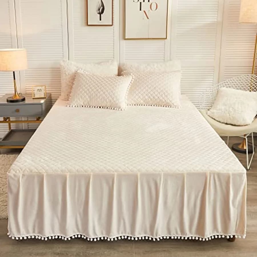 Velvet cover with pompon, velvet bed skirt, ivory velvet corners, with 8 edges bed skirt and decorative balzes