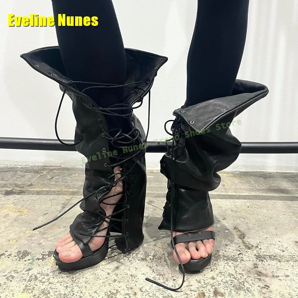 Stivali morbidi stringati neri con punta aperta Stiletto incrociato legato patchwork moda sandali eleganti e moderni da donna 2025 Street Style