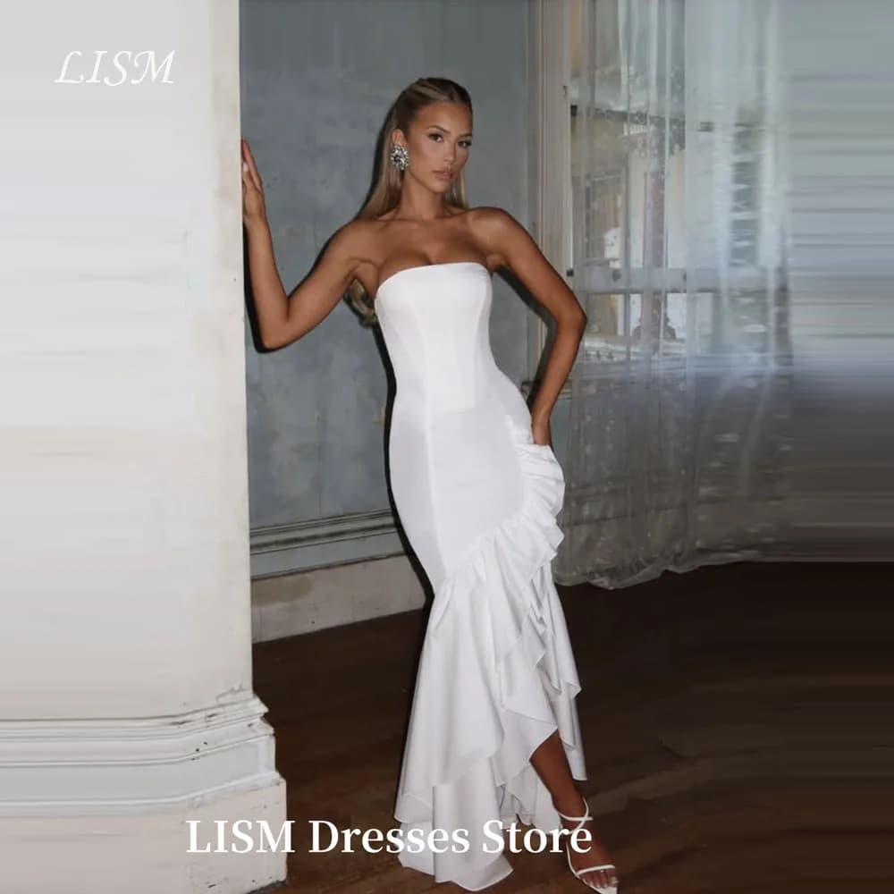 LISM Simple Mermaid Wedding Dresses Sleeveless Soft Satin Strapless Ankle Length Elegant Bridal Gowns Customized Corsets