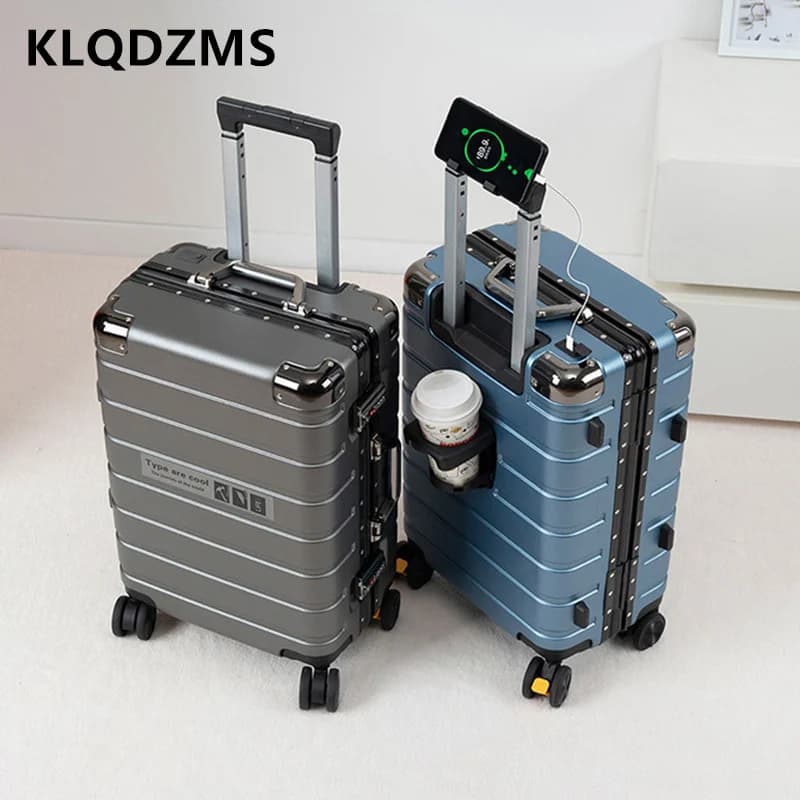 KLQDZMS Aluminum Frame Suitcase Large Capacity Trolley Case ABS+PC Boarding Box 20"22"24"26"28 Inch Charging Suitcase