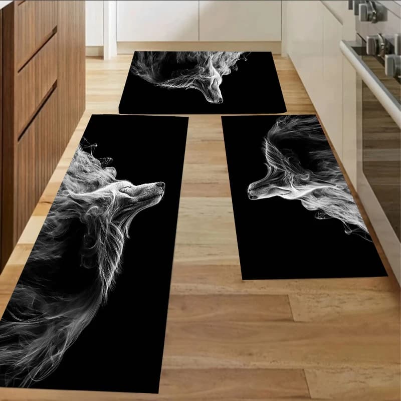 Set di 3 Tappeti da Cucina con Motivo Lupo Fumoso, Antiscivolo, Morbidi, per Arredamento Moderno, Ingresso, Lavanderia
