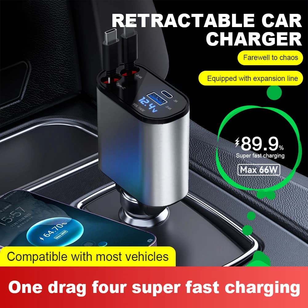 Caricabatterie rapido per auto retrattile flessibile 4 IN 1 140W PD QC3.0 per adattatore accendisigari per caricabatterie Super veloce Apple USB tipo C