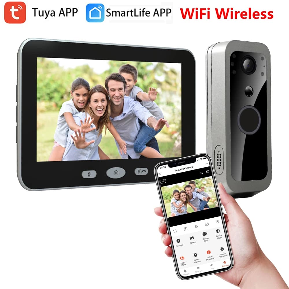 Tuya Smart Life 3MP 2.4G WIFI Videocitofono campanello Telecamera esterna Sistema citofonico senza fili Alimentato a batteria Schermo monitor da 5 pollici