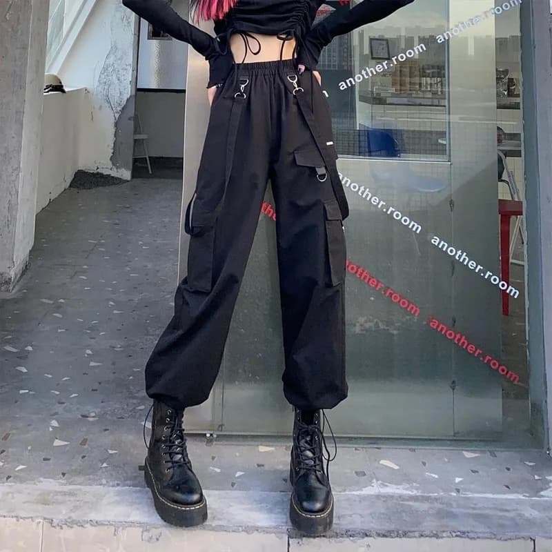 Pantaloni cargo neri Donna Streetwear Pantaloni gotici a vita alta Harajuku Techwear Kpop Pantaloni larghi autunno inverno oversize