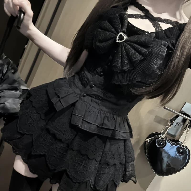 Japanese Retro Bow Slim Puff Sleeve T-Shirts + High-waist Lace Cake Skirt Suit Summer New Dark Academic Style 2-piece Set Women